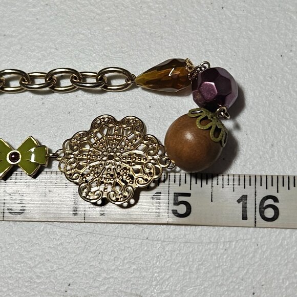 Handcrafted Beaded Gold Tone Chain Necklace Mixed Beads Decorative Charms Women - Picture 7 of 7